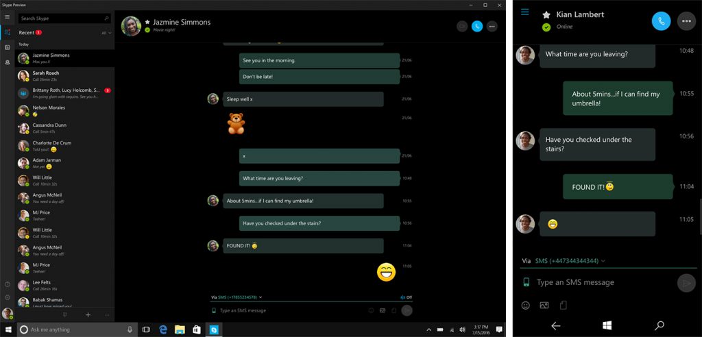windows insider skype sms