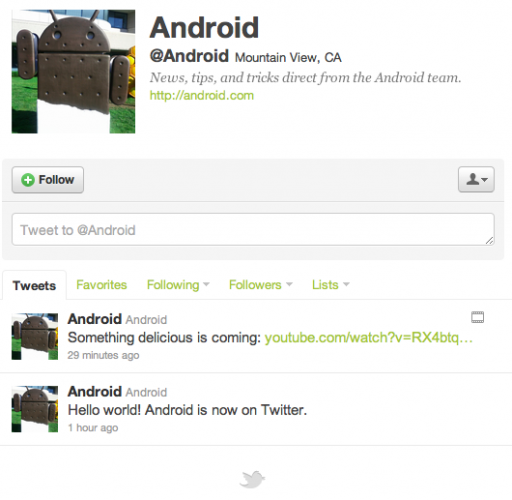 Android'in resmi Twitter hesabı açıldı, ilk paylaşım Ice Cream Sandwich heykelinin videosu oldu