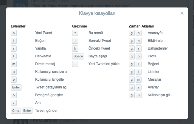 twitter ipuclari klavye kisayollari