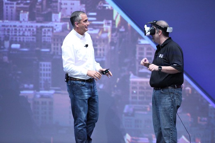 Intel?s Craig Raymond displays the Project Alloy virtual reality headset during the Day 1 keynote at the 2016 Intel Developer Forum in San Francisco on Tuesday, Aug. 16, 2016. Intel CEO Brian Krzanich?s keynote presentation offered perspective on the unique role Intel will play as the boundaries of computing continue to expand. (Credit: Intel Corporation)