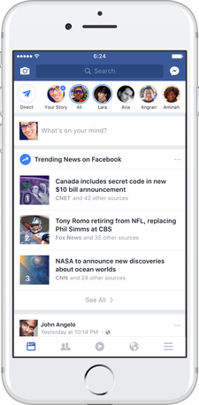 Facebook Gündem bölümünün mobil tasarımında daha fazla haber kaynağı gösterecek