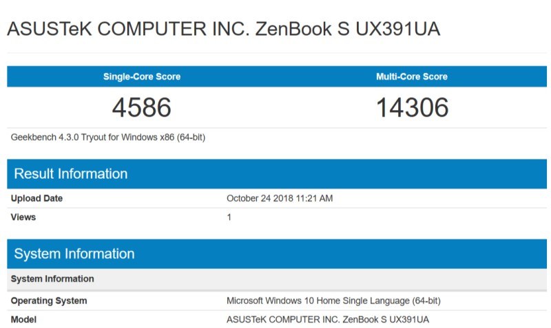 Asus ZenBook S UX391UA GeekBench 4 sonucu