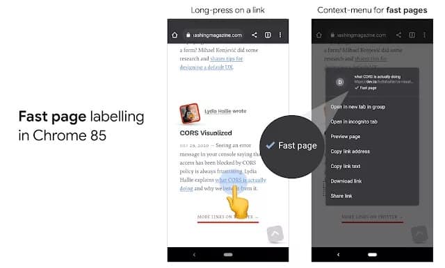 Chrome Android uygulamasında web sayfalarına "hızlı sayfa" etiketi