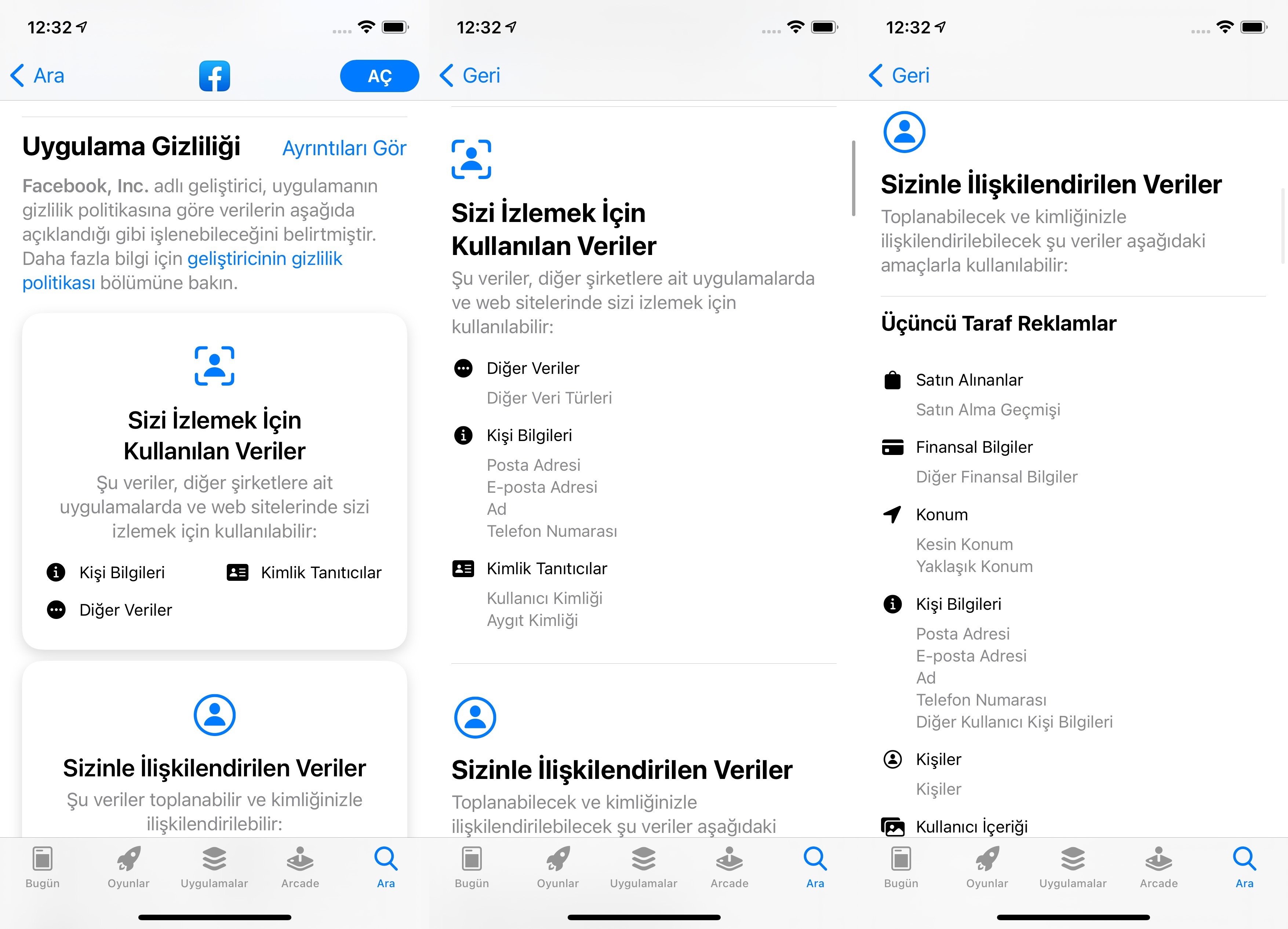 facebook app store uygulama gizliliği