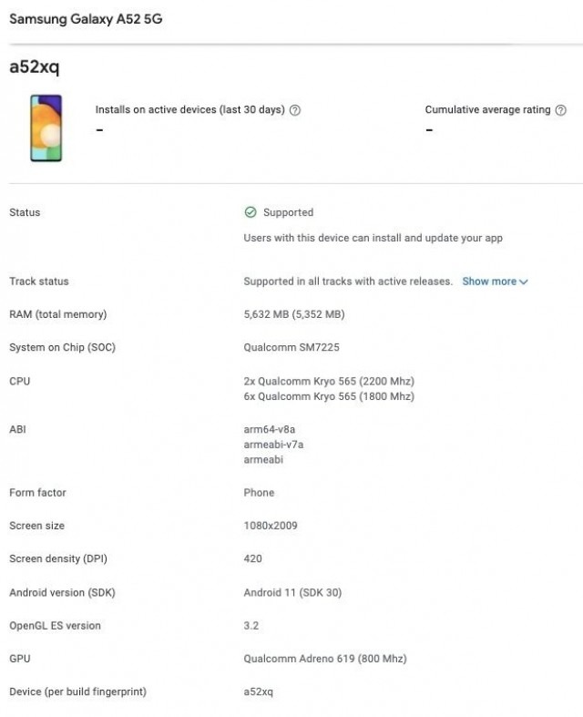 Samsung Galaxy A52 5G Google Play Console'da görüldü