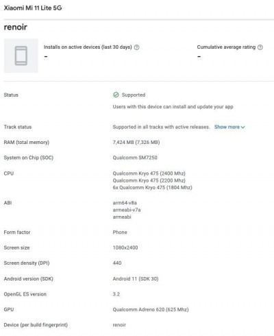 Google Play Console kaydı Xiaomi Mi 11 Lite'ın önemli özelliklerini gösteriyor