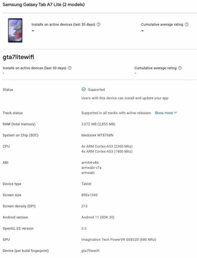Galaxy Tab A7 Lite Google Play Console'da boy gösterdi