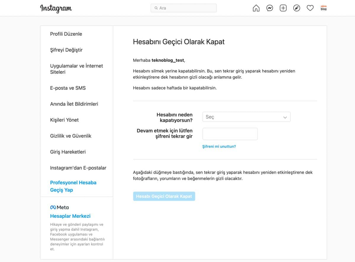 instagram hesabını geçici olarak kapat