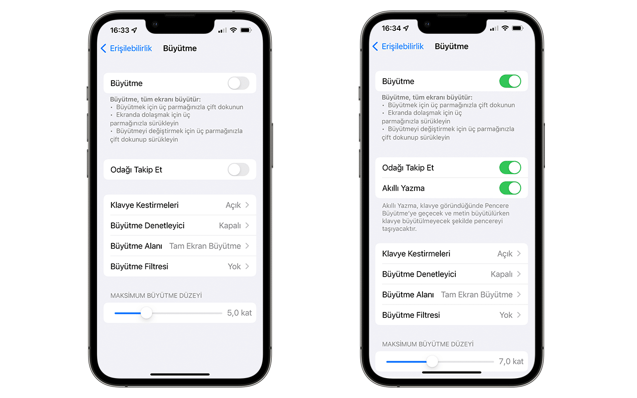 ios erişilebilirlik büyütme