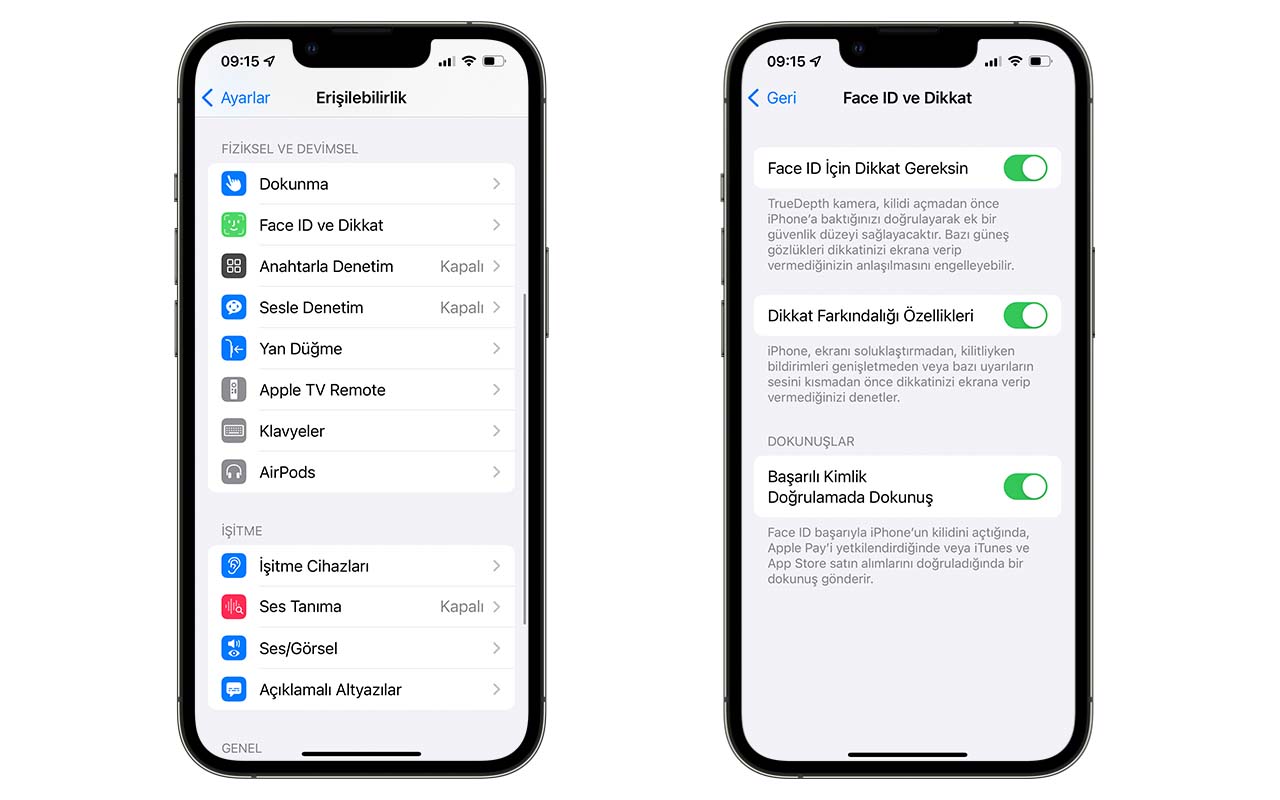 ios erişilebilirlik face id ve dikkat