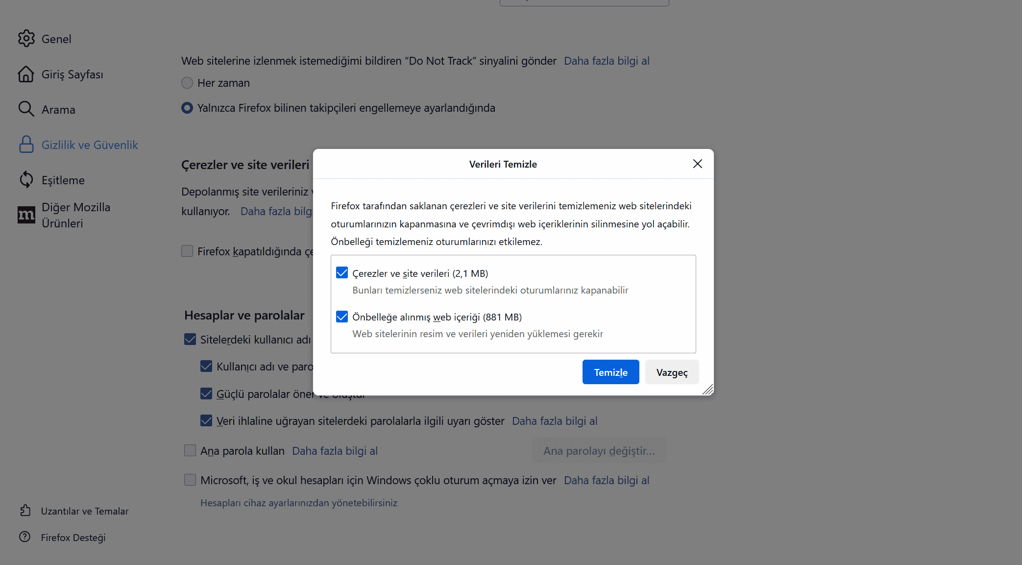 firefox önbellek temizleme
