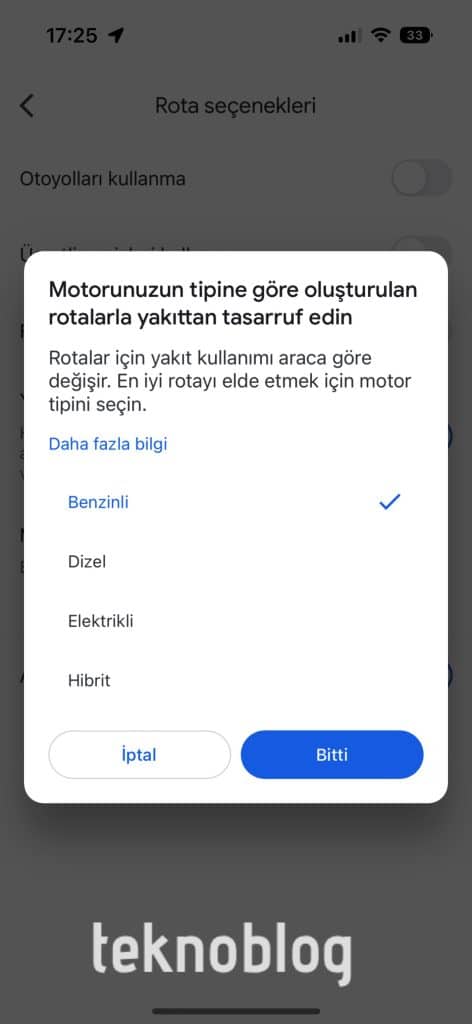 Google Haritalar'ın yakıt verimliliğine göre rota seçenekleri özelliği Türkiye'de