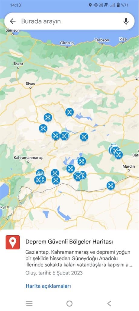 Deprem bölgesindeki güvenli toplanma alanları için Google Haritalar'da özel harita oluşturuldu (Güncellendi)