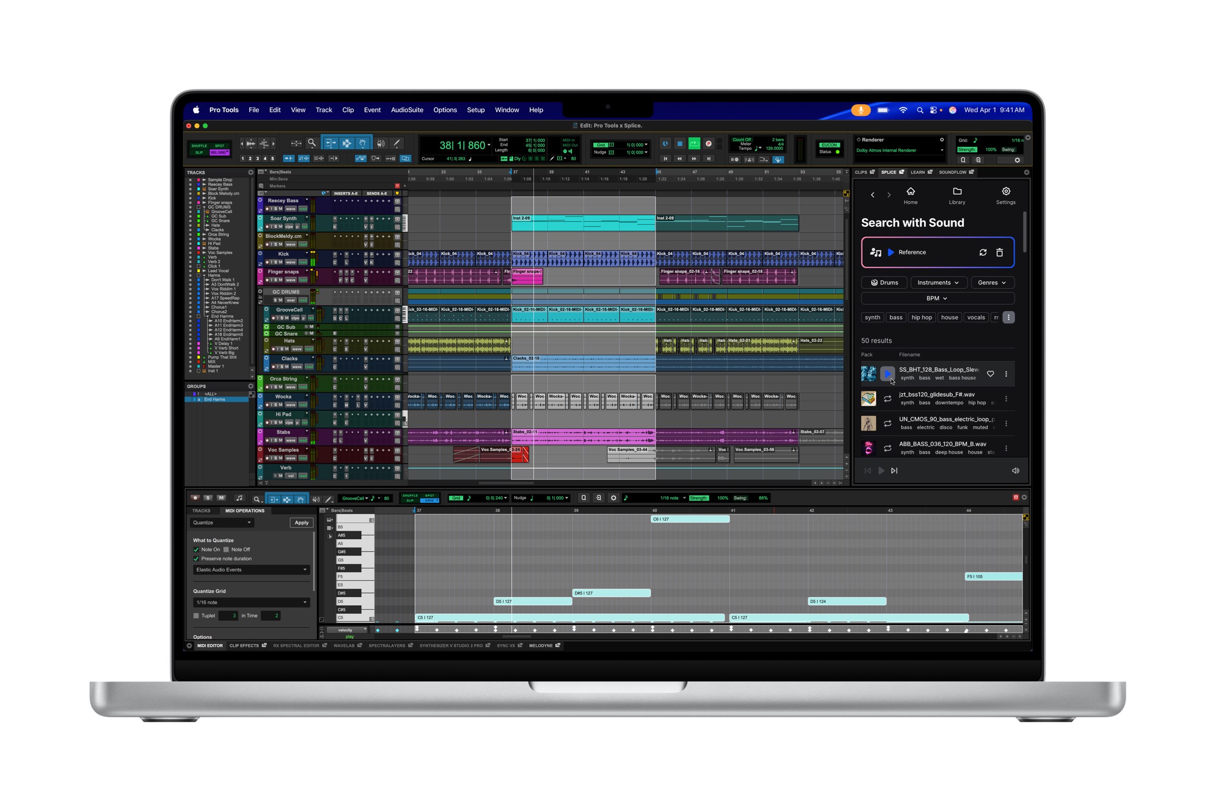 M5 ailesinden MacBook Pro ekranında müzik prodüksiyonu uygulaması