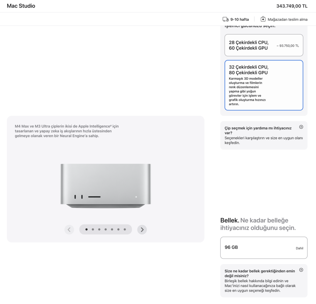 Mac Studio M3 Ultra bellekte 96 GB sınırına indi