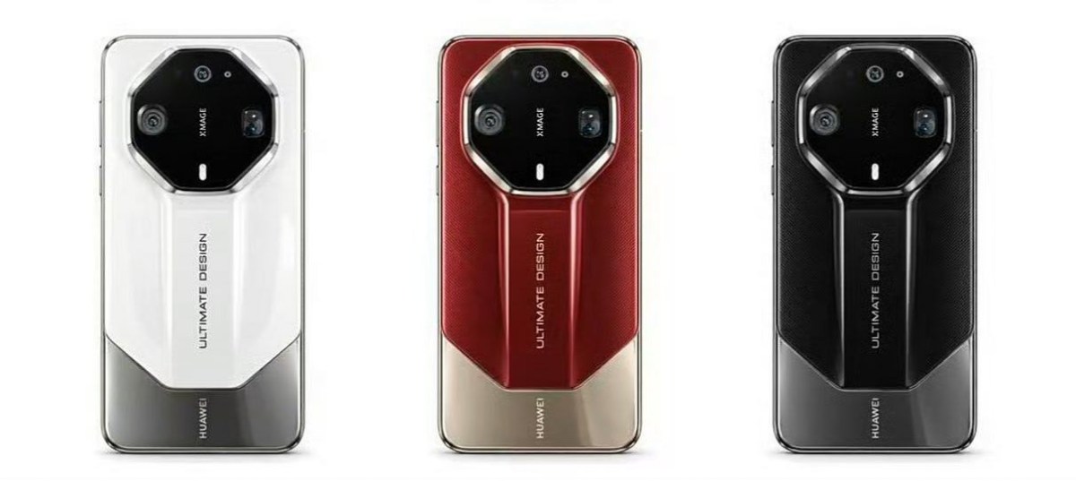 Huawei Mate 90 RS telefonun beyaz, kırmızı ve siyah renkli görselleri