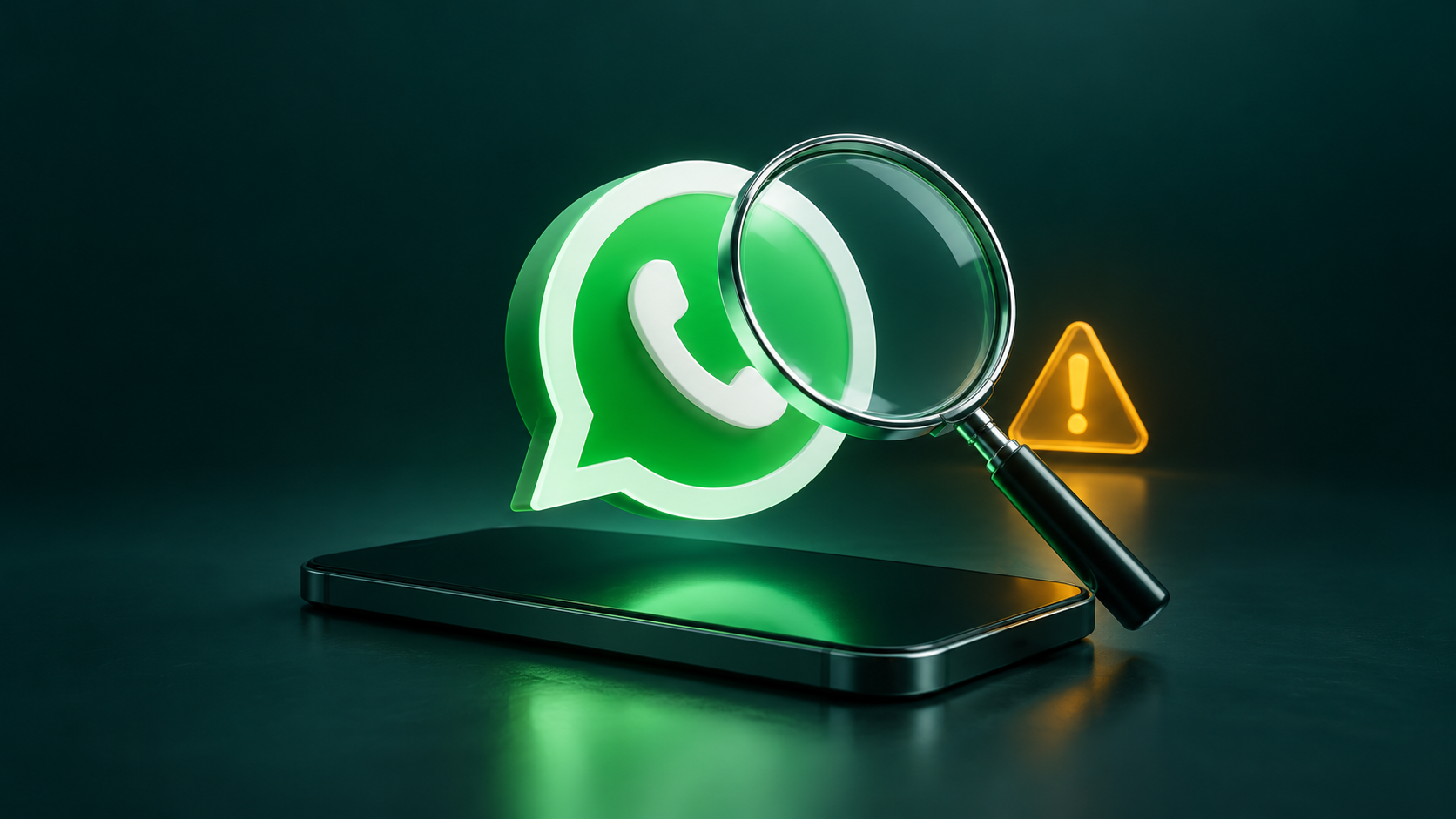 WhatsApp simgesini inceleyen büyüteç ve uyarı işaretiyle uygulama güvenliğini anlatan temsili görsel
