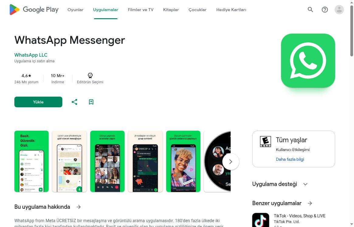 Resmî WhatsApp Messenger Google Play kaydı ve WhatsApp LLC yayıncı satırı