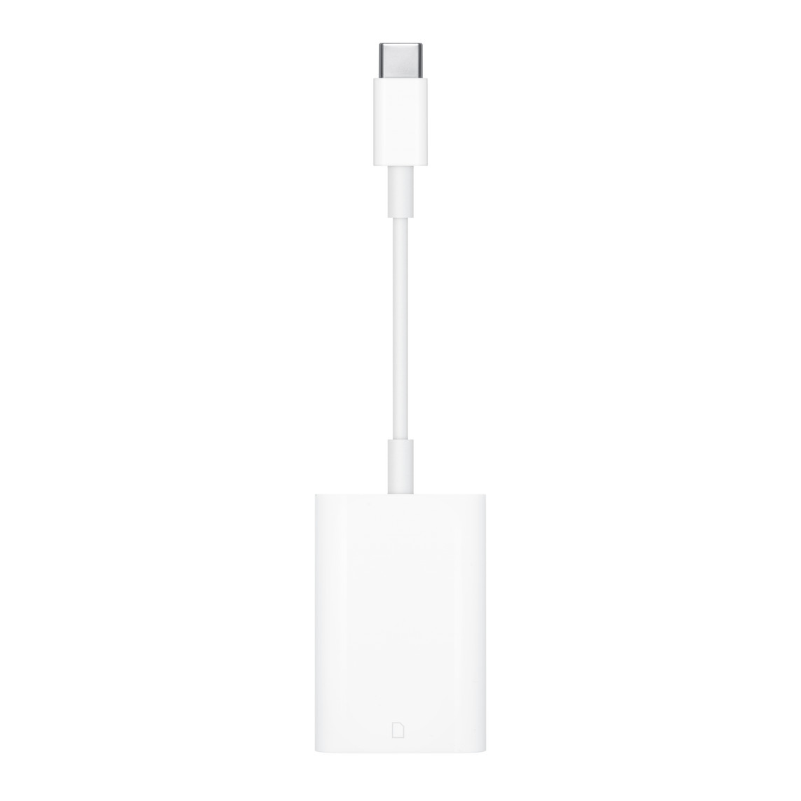 Apple SD kart okuyucusunun beyaz gövdesi ve USB-C bağlantı ucu