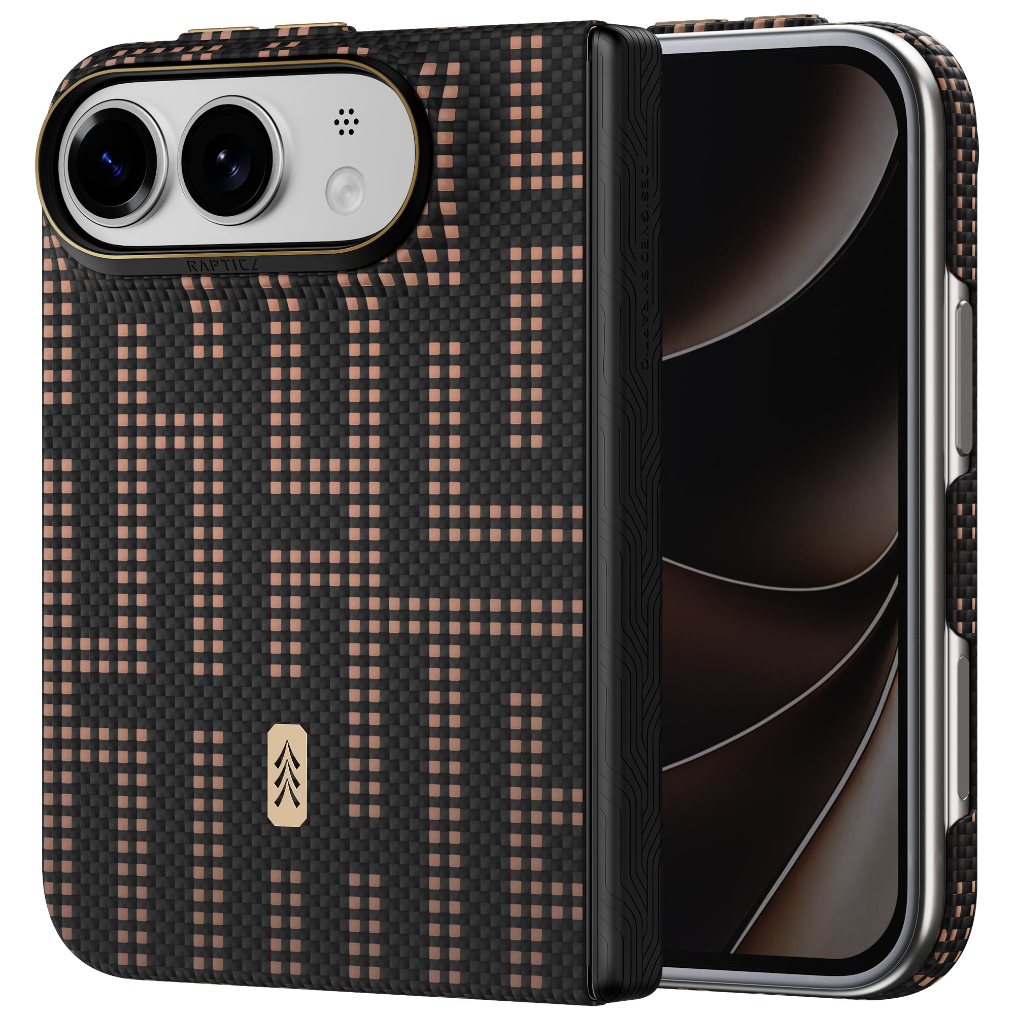 Raptic 652925 iPhone Duo kılıfının siyah desenli yüzeyi, altın renkli ayrıntıları ve menteşe bölümü