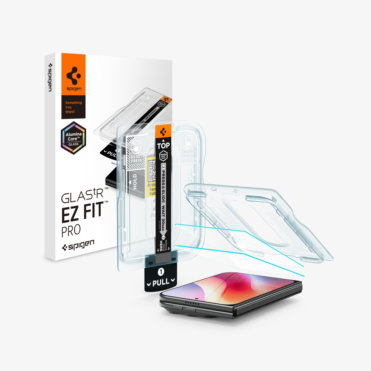 Spigen AGL12007 ekran koruyucu, kurulum tepsisi ve uygulama parçaları
