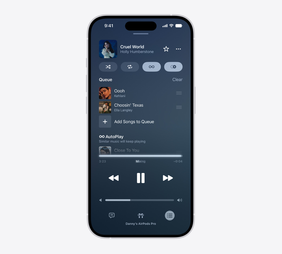 Apple Music sıra ekranında açık olan AutoMix ve Otomatik Çal düğmeleri