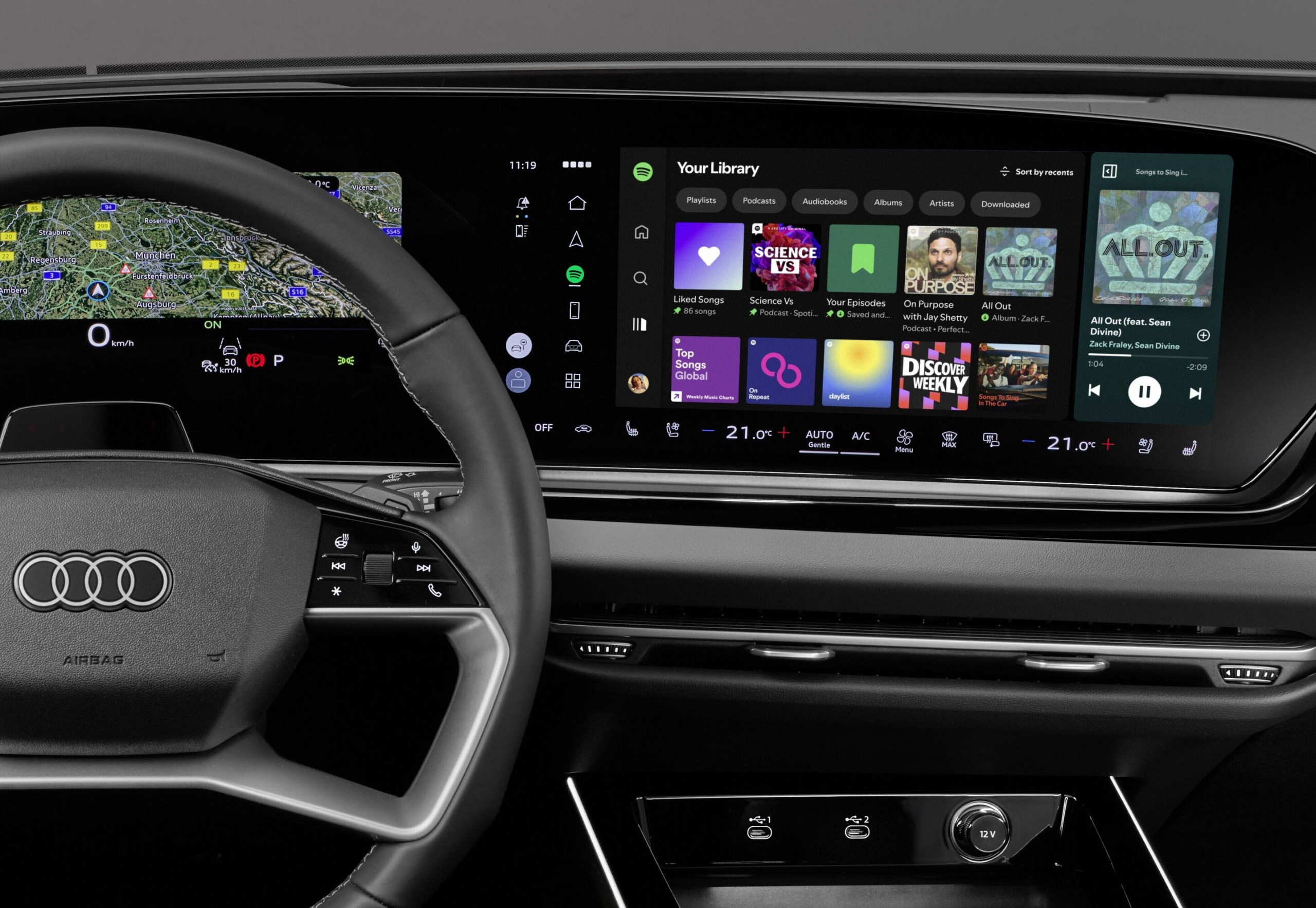 Audi MMI ekranında araca yerleşik Spotify uygulaması