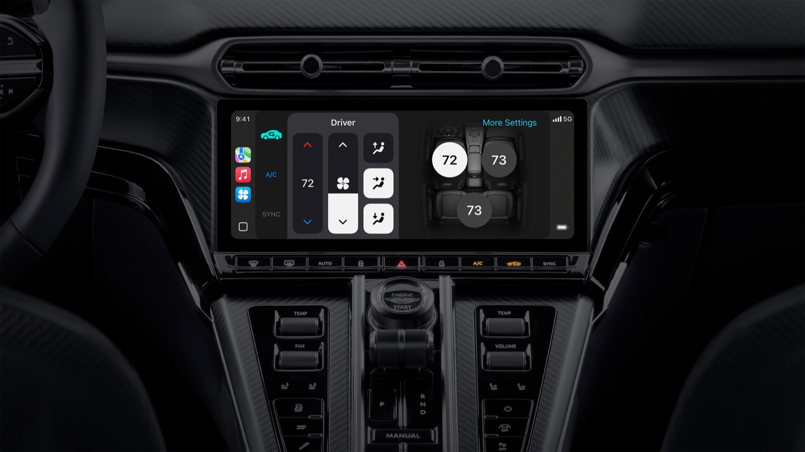 Aston Martin orta ekranında CarPlay Ultra klima sıcaklığı ve fan kontrolleri