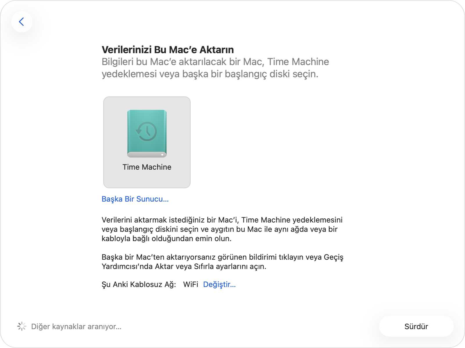 Geçiş Yardımcısı'nda Time Machine yedekleme diskini seçme