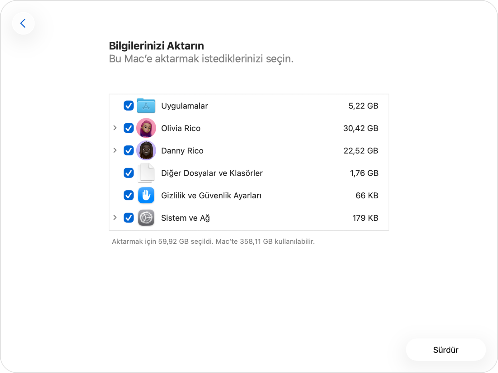 Yeni Mac'e aktarılacak kullanıcı hesapları ve dosyaları seçme