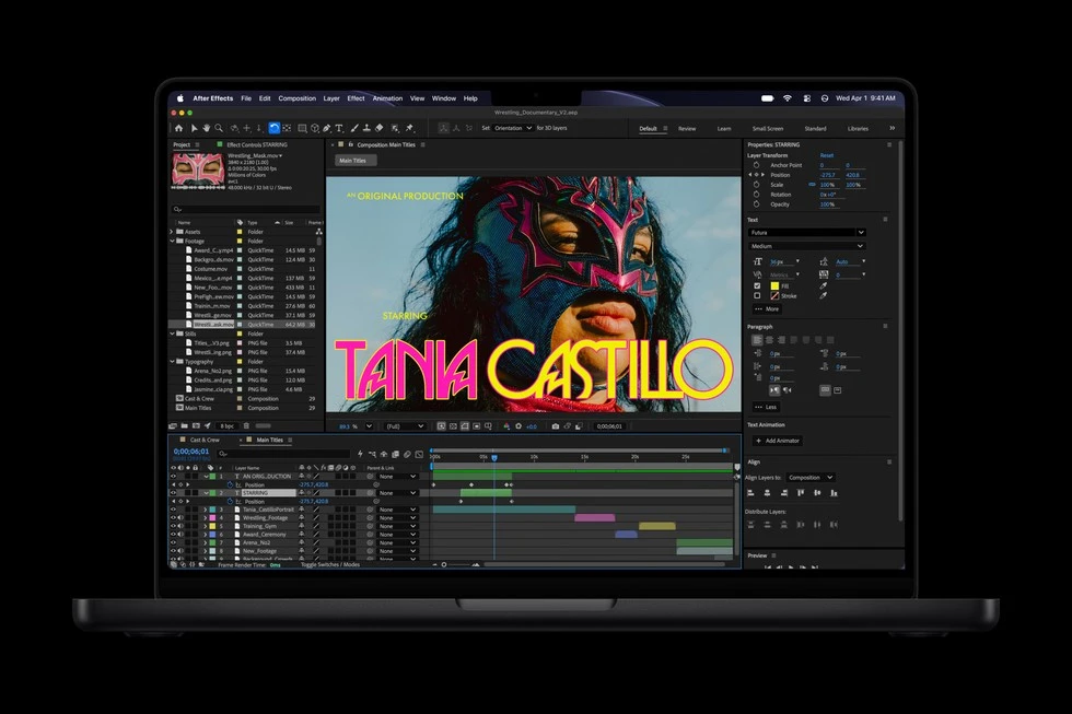 M6 MacBook Pro ekranında Adobe After Effects projesi