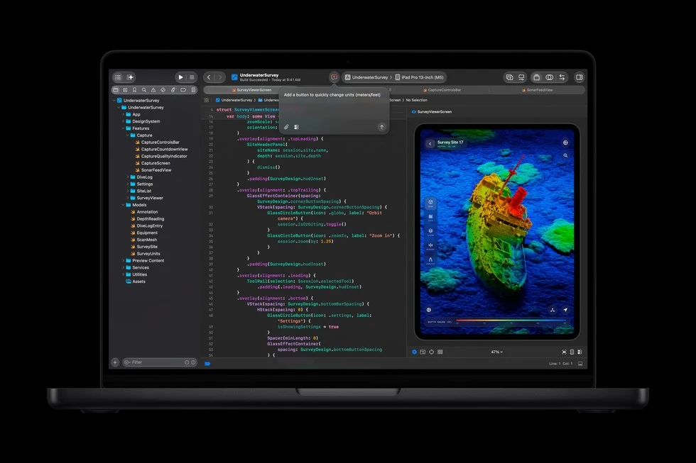 M6 MacBook Pro ekranında Xcode geliştirme arayüzü