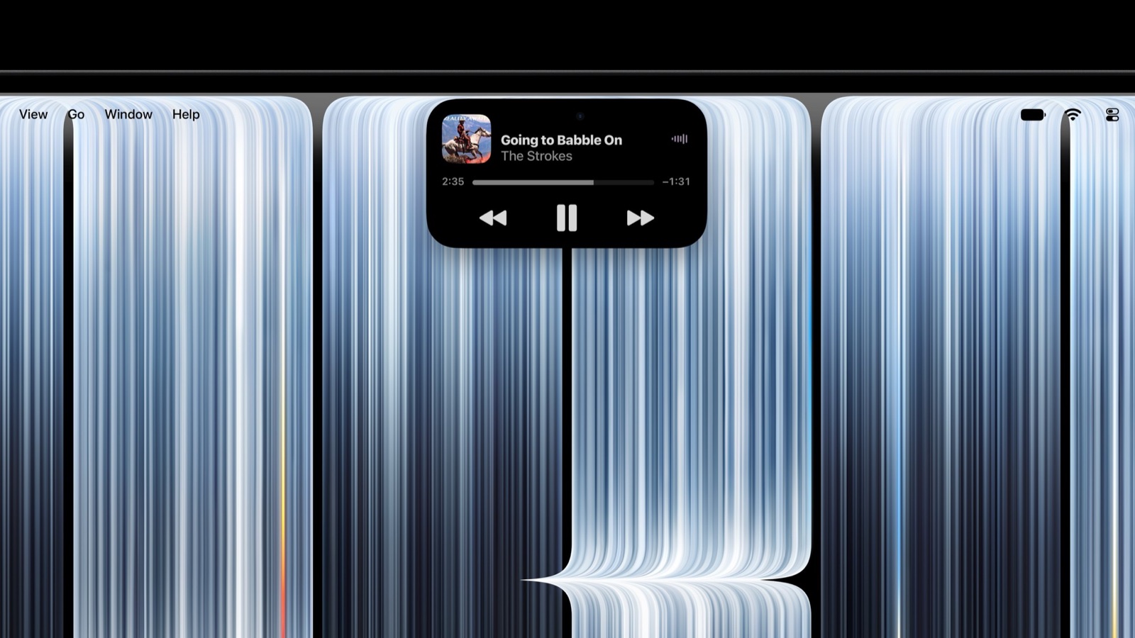 MacBook Pro Dynamic Island alanında Apple Music çalma denetimleri