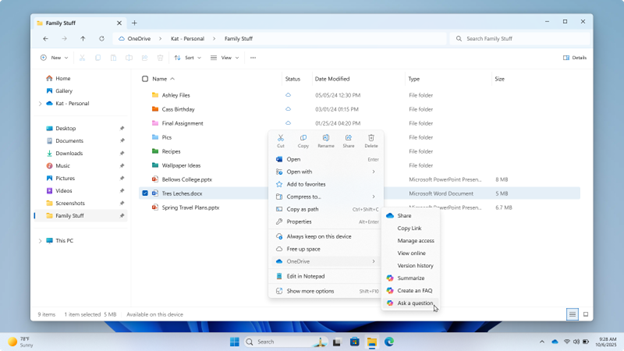 Microsoft'un destek belgesindeki Windows OneDrive Copilot menüsü