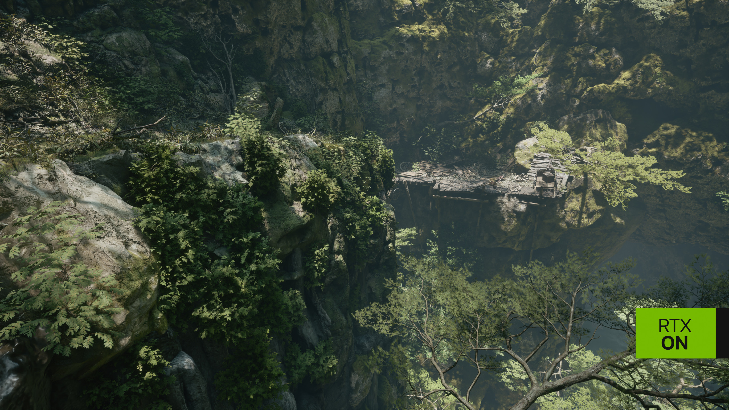 Phantom Blade Zero oyununda RTX açıkken ormanlık kayalık alanın aydınlatması